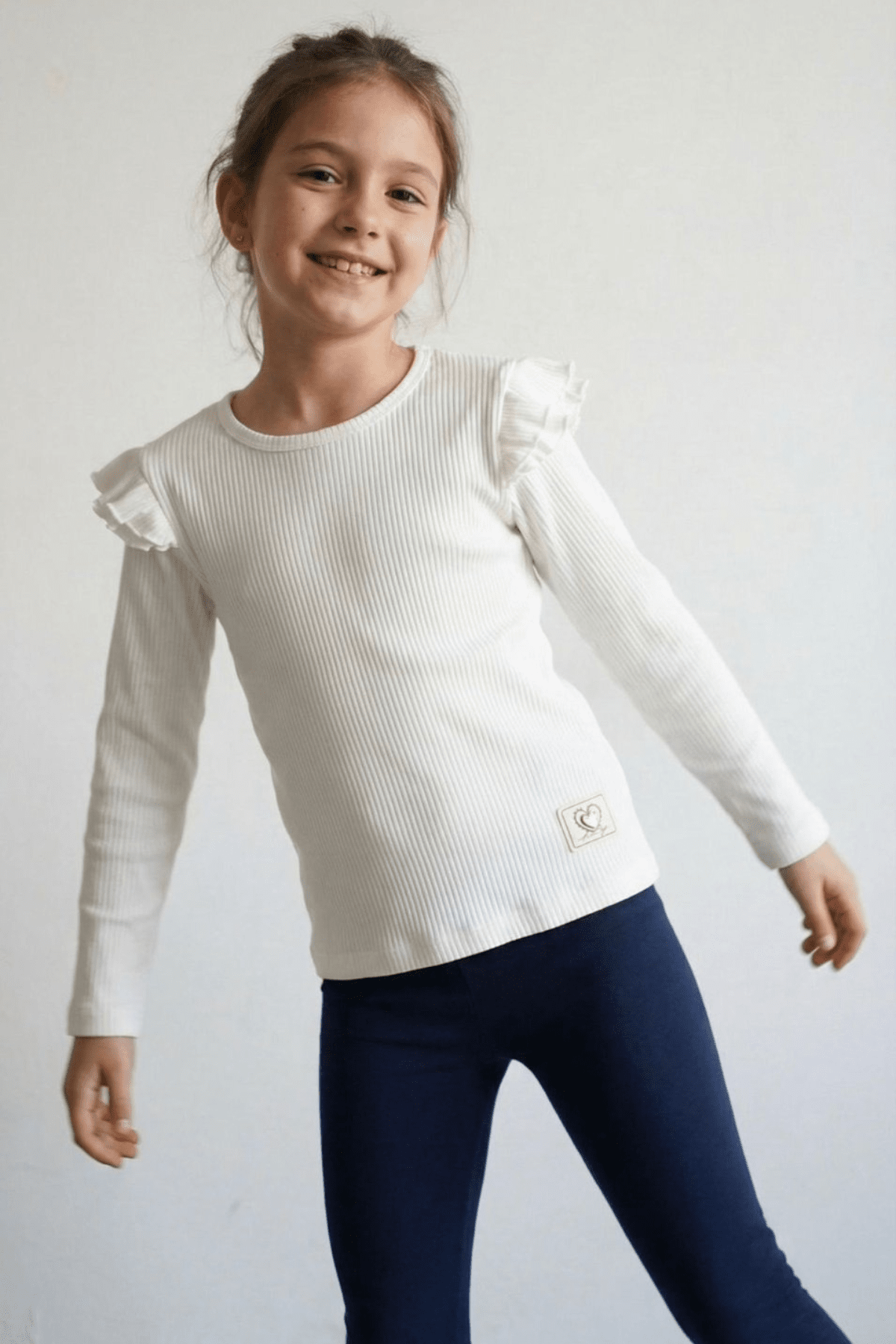 Детска блуза рипс за момиче с дълъг ръкав, цвят екрю
