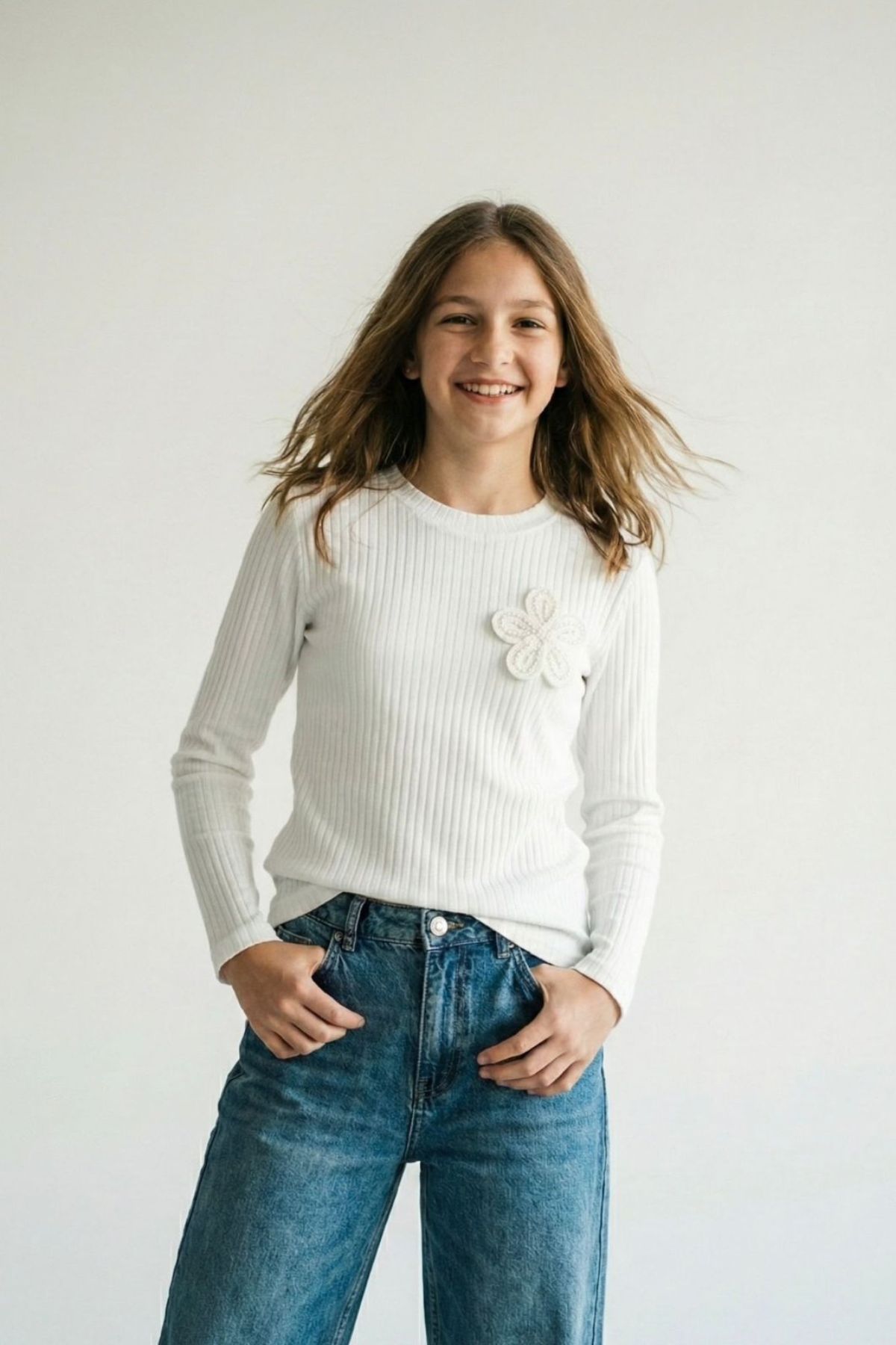 Детска блуза рипс за момиче с дълъг ръкав, цвят екрю 