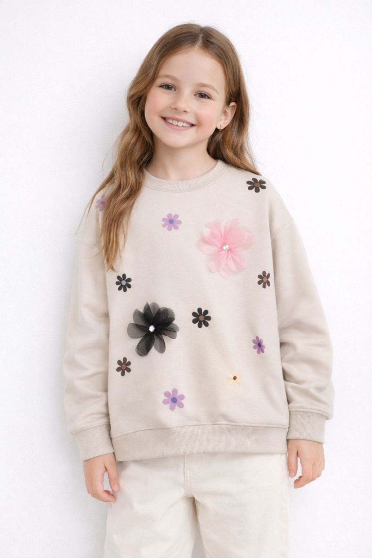 Детска блуза за момиче с дълъг ръкав, бежов цвят