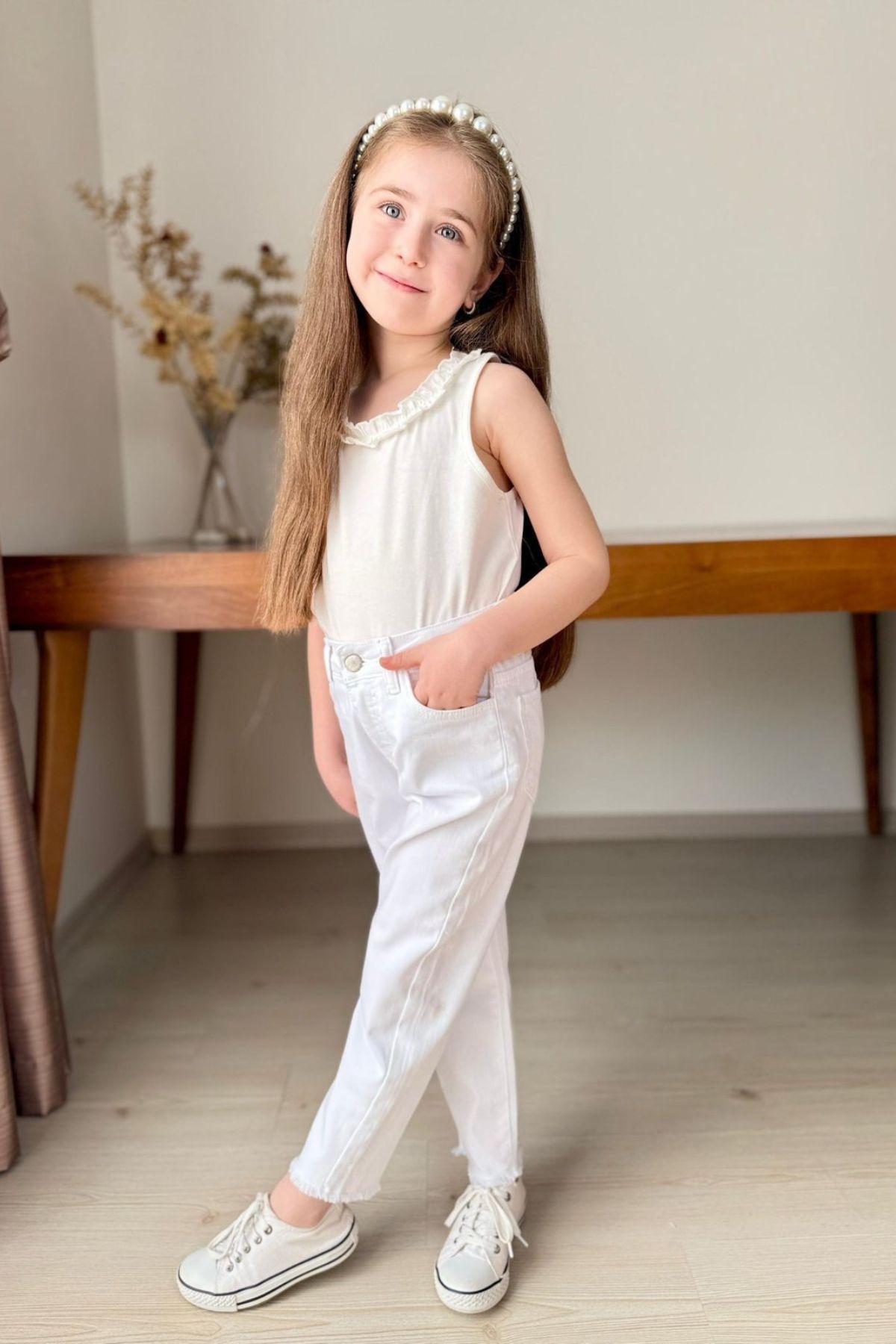 Детски панталон за момиче, бял цвят