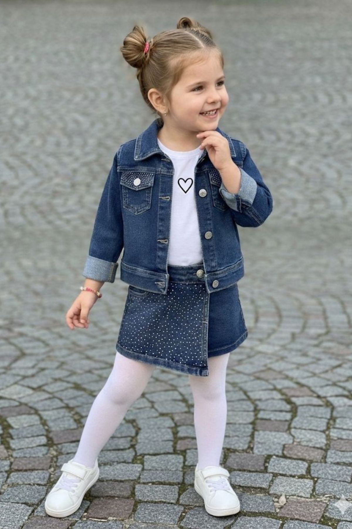 Детски комплект деним за момиче с дълъг ръкав, тъмно син цвят