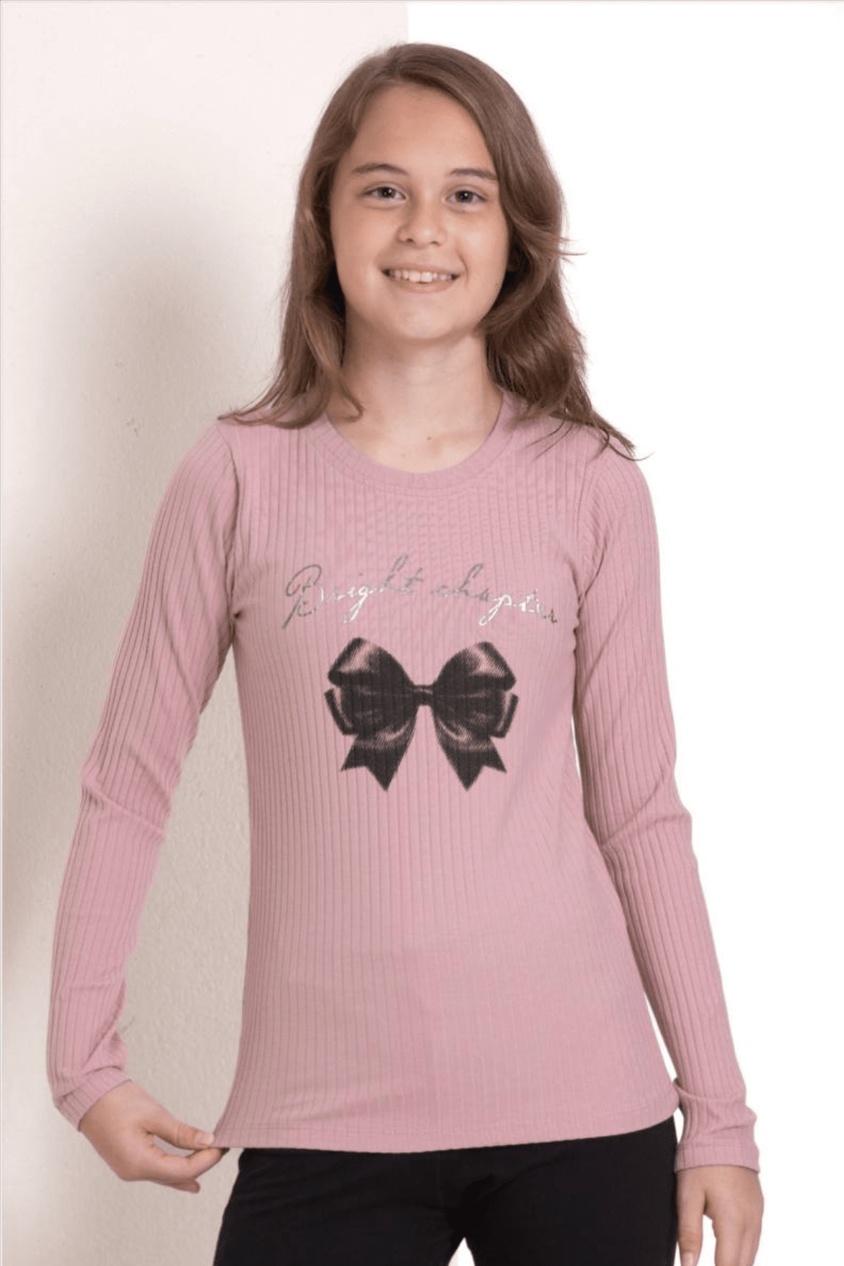  Детска блуза рипс за момиче с дълъг ръкав, цвят пудра