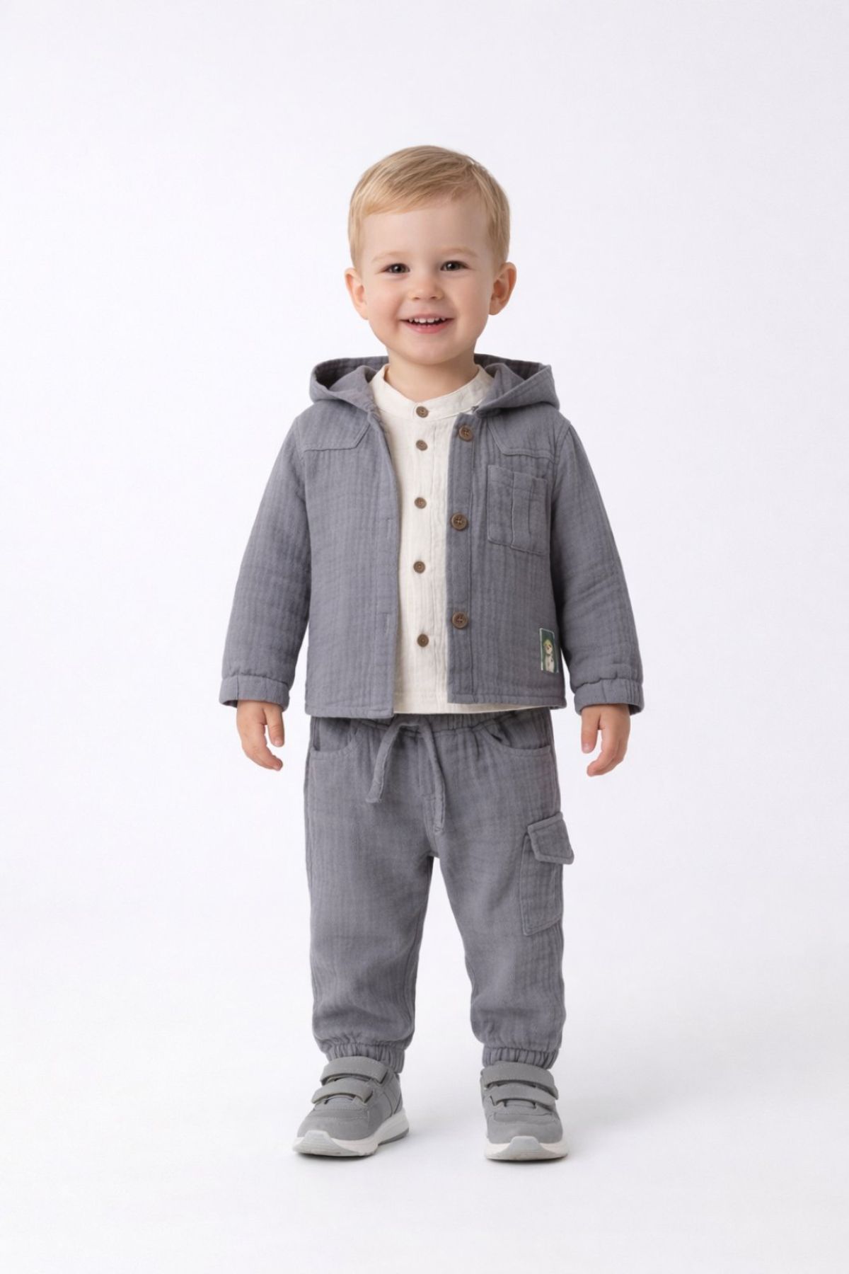 Детски комплект за момче с дълъг ръкав 3 части, сив цвят 