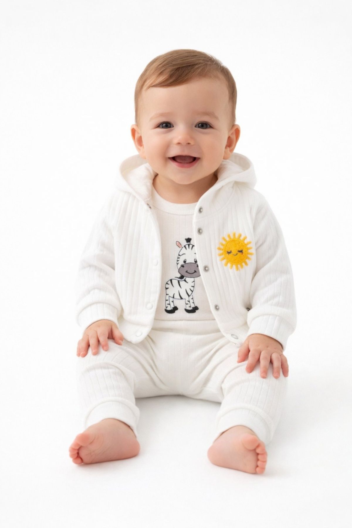 Бебешки комплект за момче с дълъг ръкав 3 части, цвят екрю  