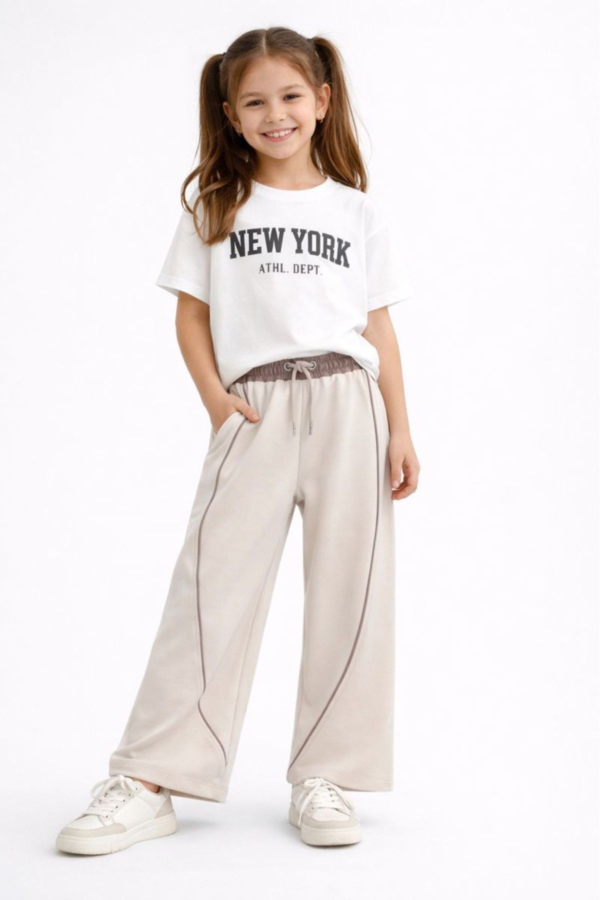 Детски спортен панталон за момиче, цвят екрю