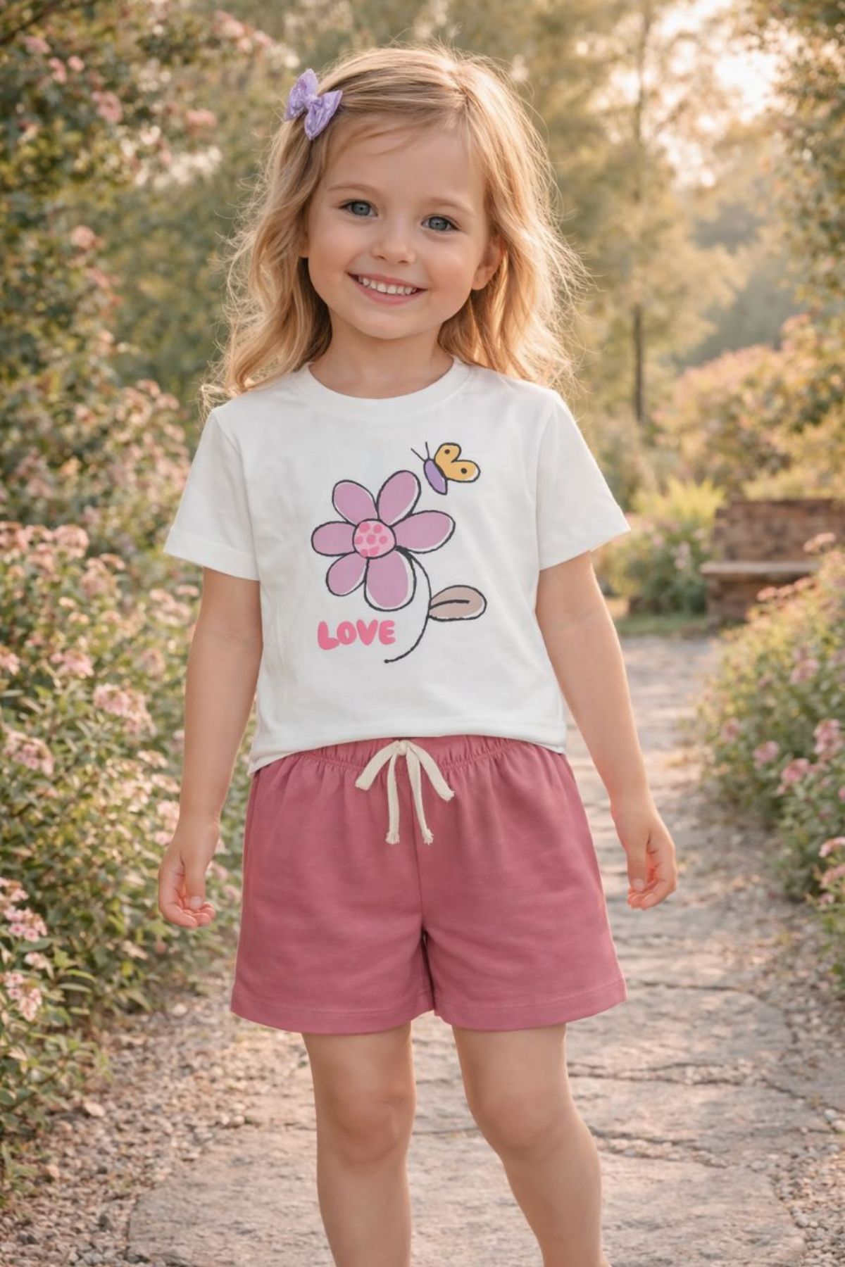 Детски комплект за момиче с къс ръкав, розов цвят