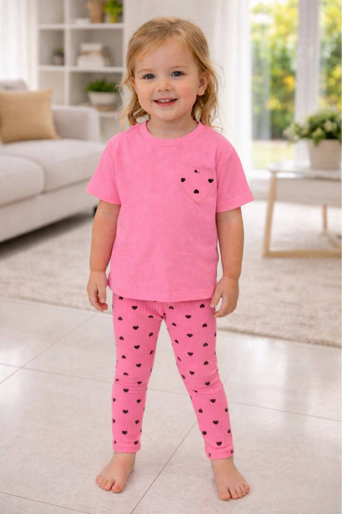 Детски комплект за момиче с къс ръкав, цикламен цвят