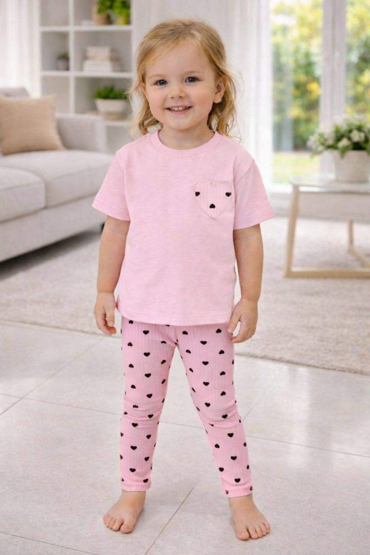 Детски комплект за момиче с къс ръкав, розов цвят