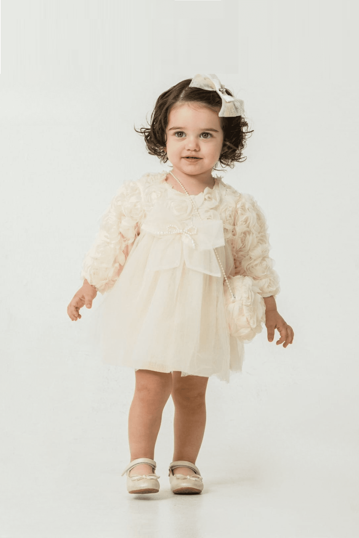 Бебешка официална рокля с дълъг ръкав и чантичка, цвят екрю