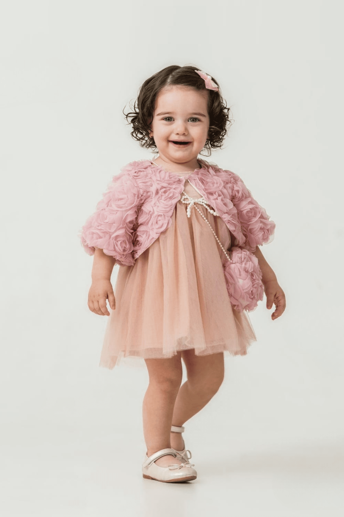 Бебешка официална рокля без ръкав с болеро и чантичка, тъмно розов цвят 