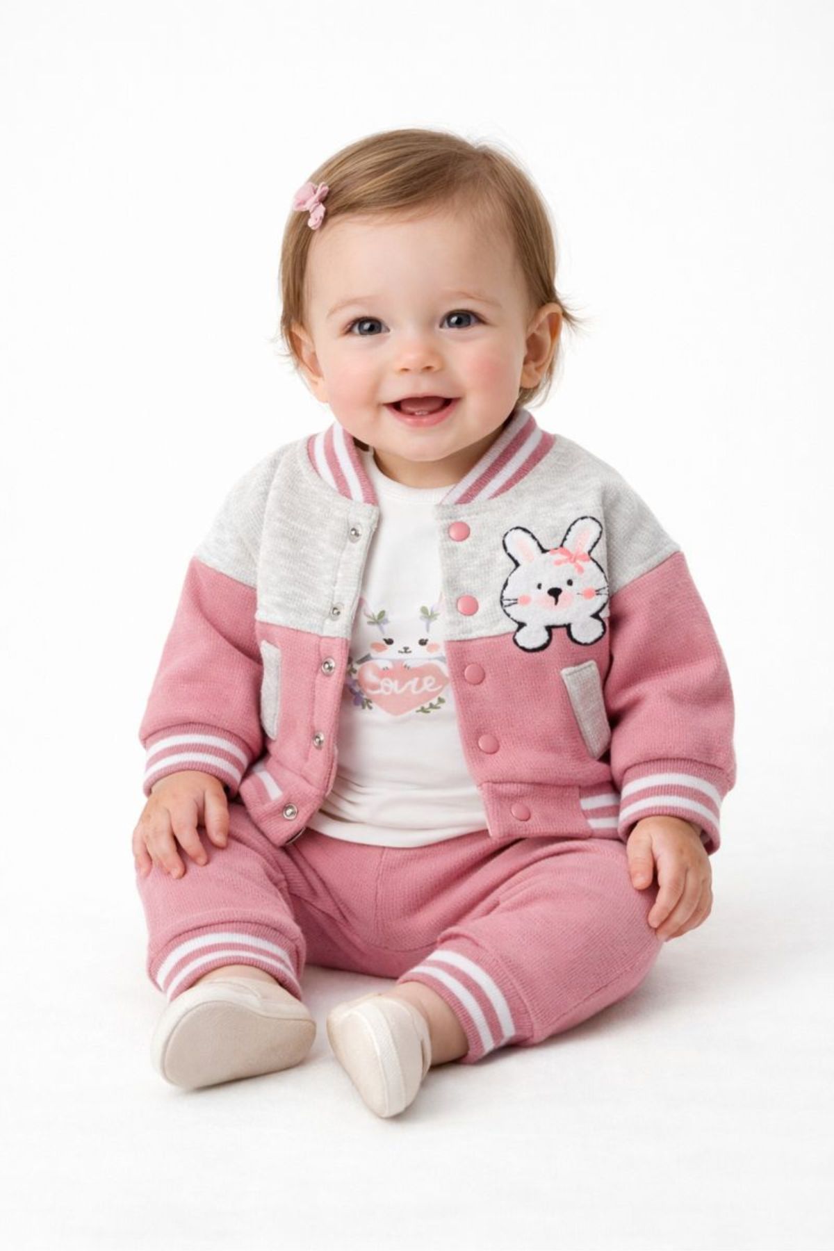 Бебешки комплект за момиче дълъг ръкав 3 части, тъмно розов цвят