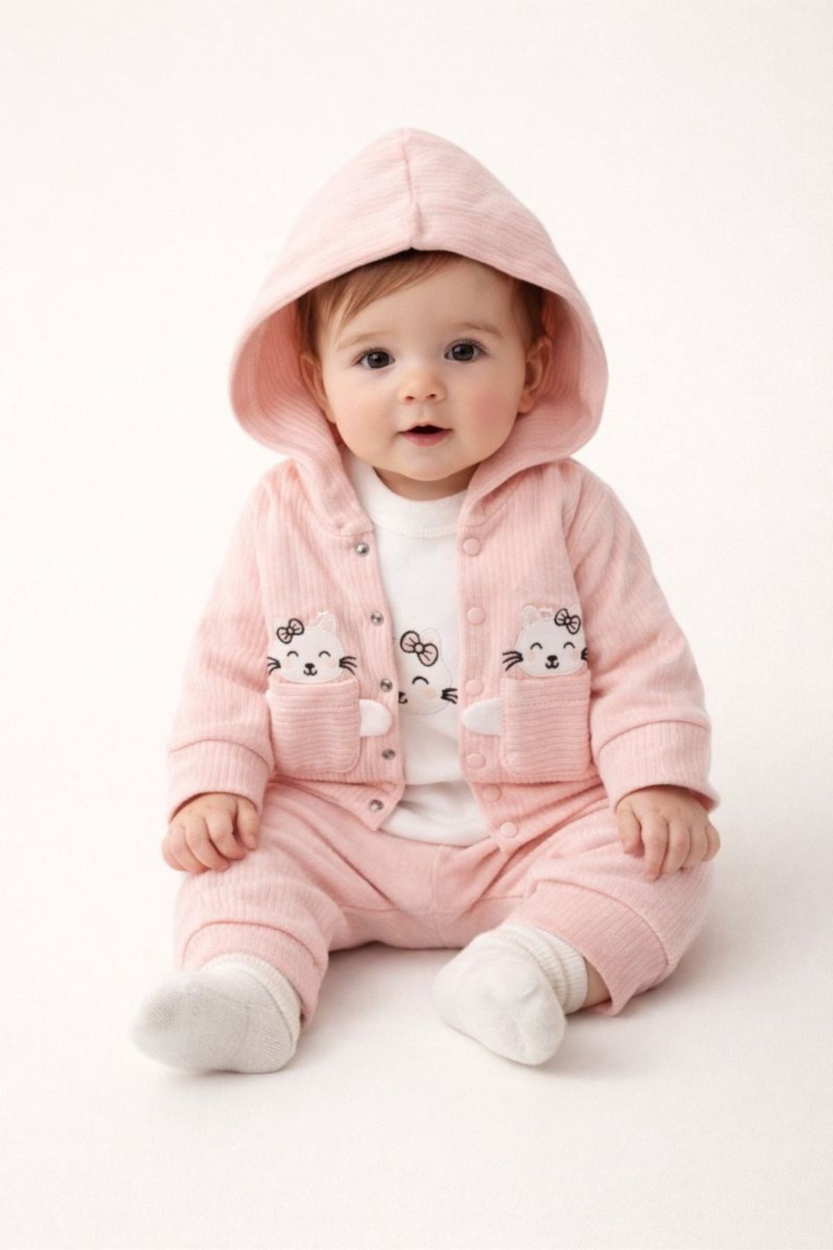 Бебешки комплект за момиче дълъг ръкав 3 части, розов цвят