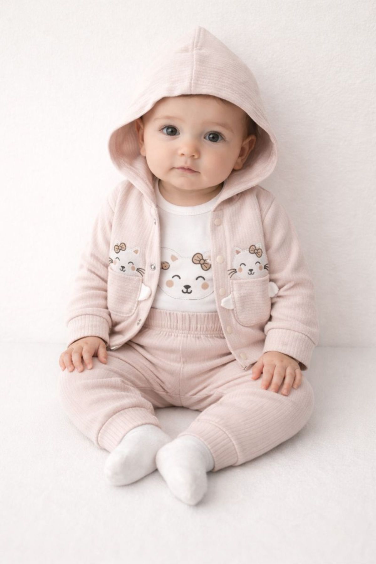 Бебешки комплект за момиче дълъг ръкав 3 части, бежов цвят