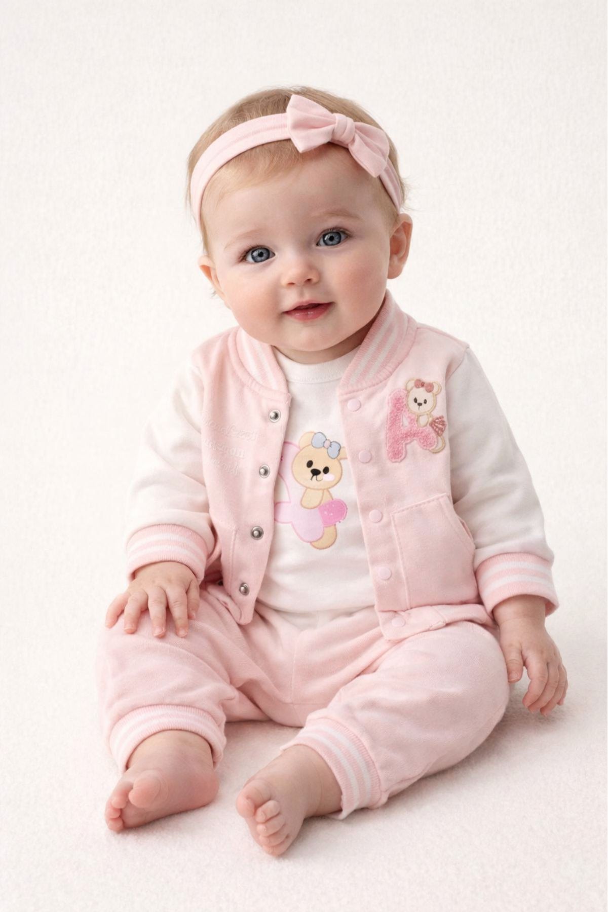  Бебешки комплект за момиче с дълъг ръкав 3 части, светло розов цвят