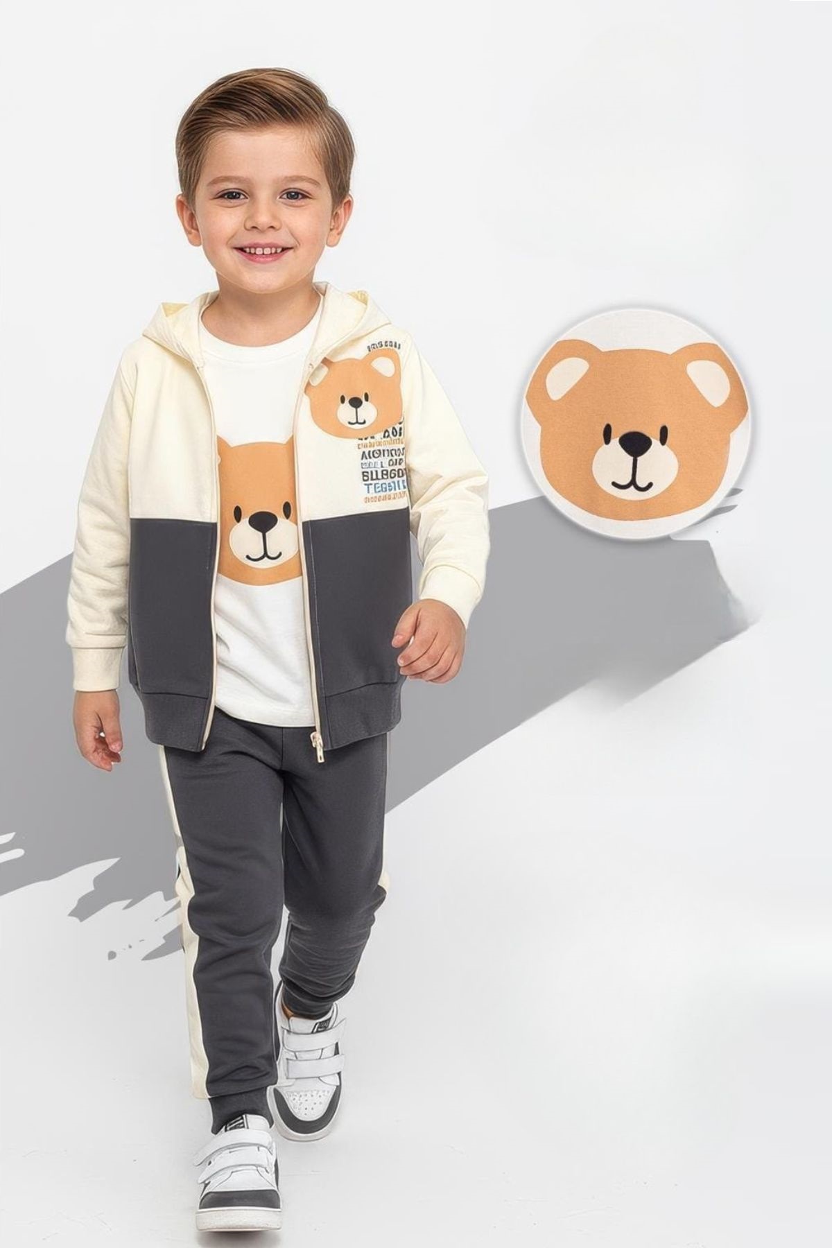 Детски спортен екип за момче с дълъг ръкав 3 части, тъмно сив цвят