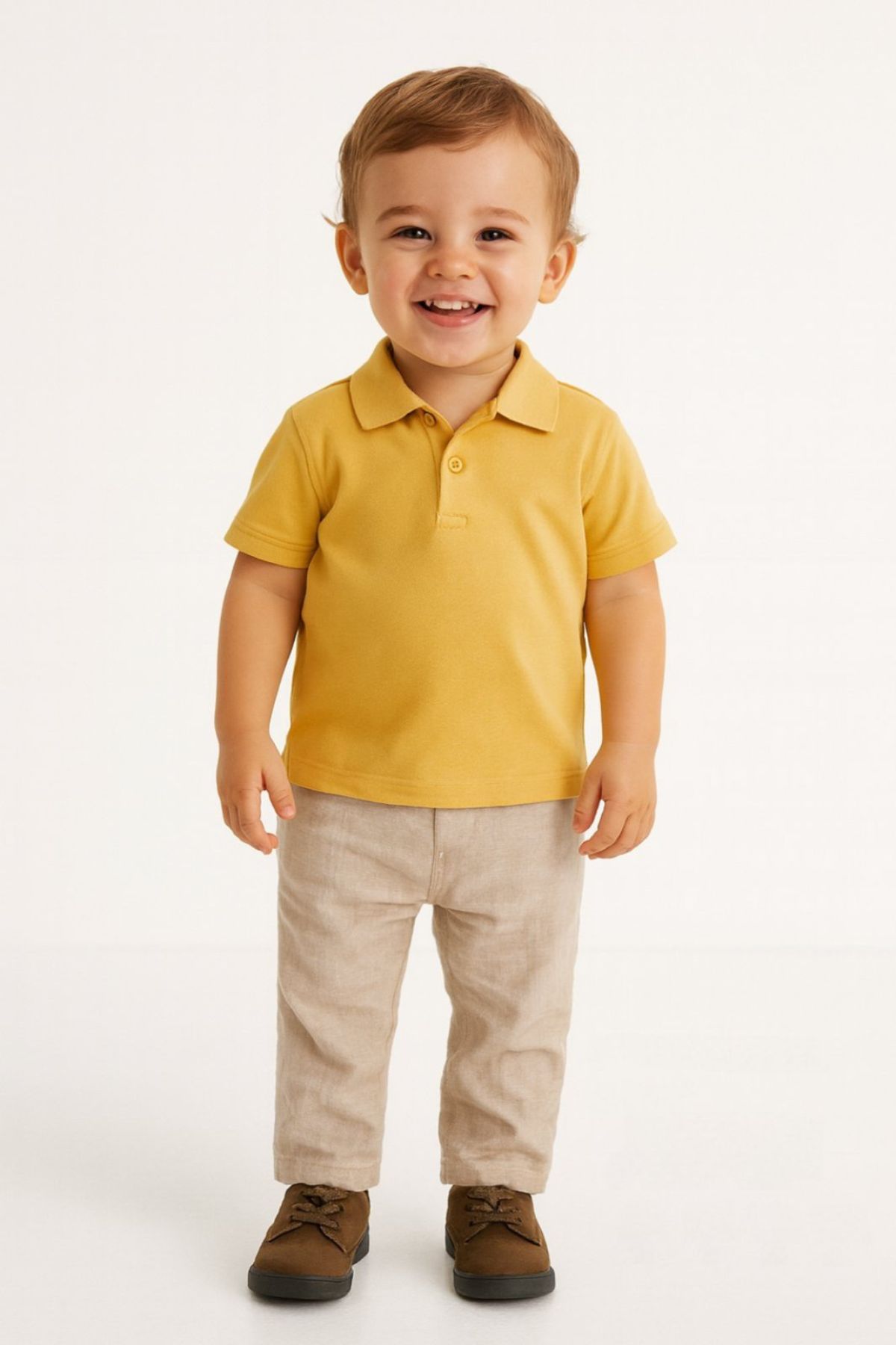 Детска тениска за момче с яка, жълт цвят