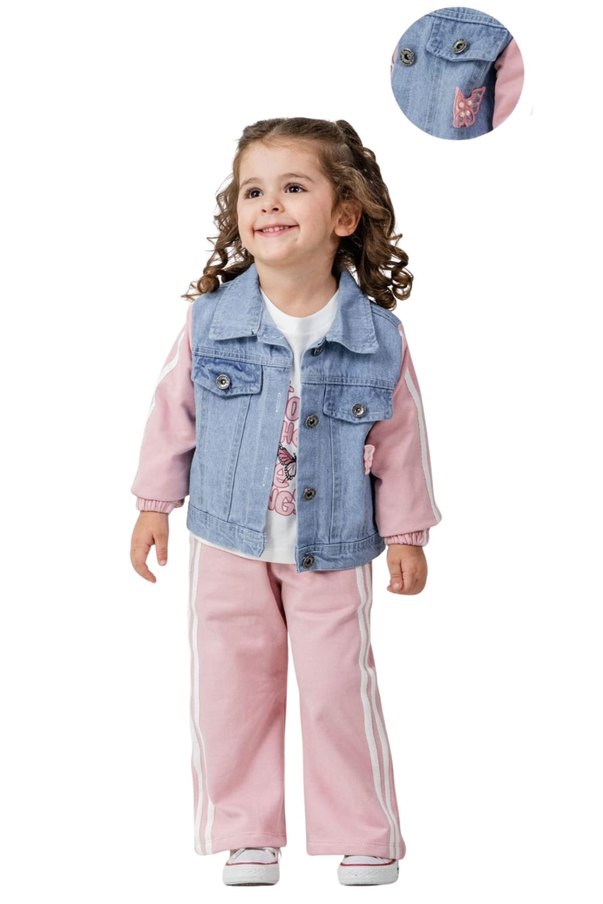 Детски комплект за момиче с дълъг ръкав 3 части, розов цвят