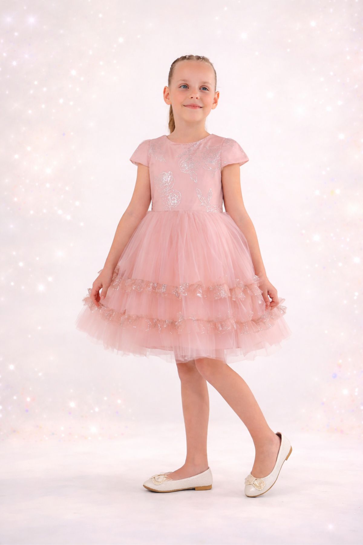 Детска официална рокля с къс ръкав, тъмно розов цвят  