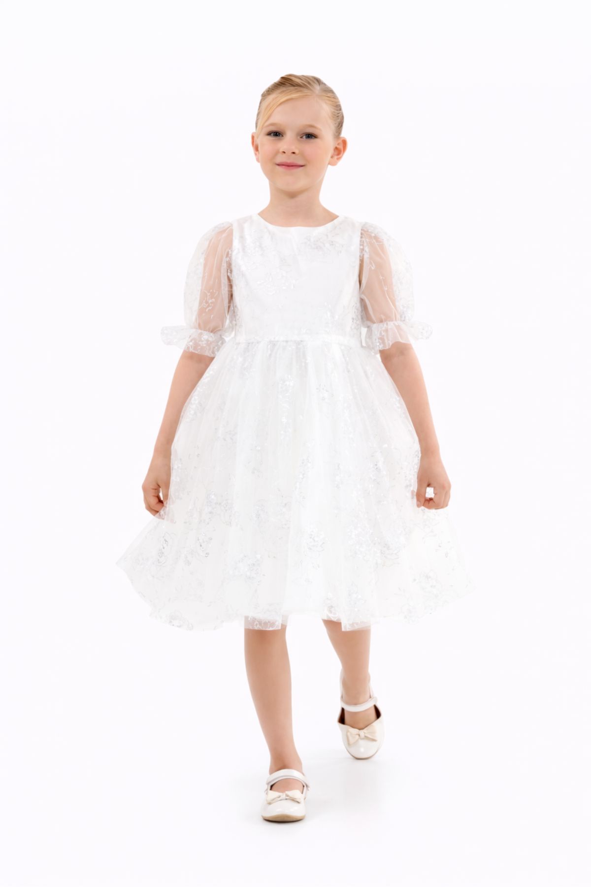 Детска официална рокля с къс ръкав, бял цвят 