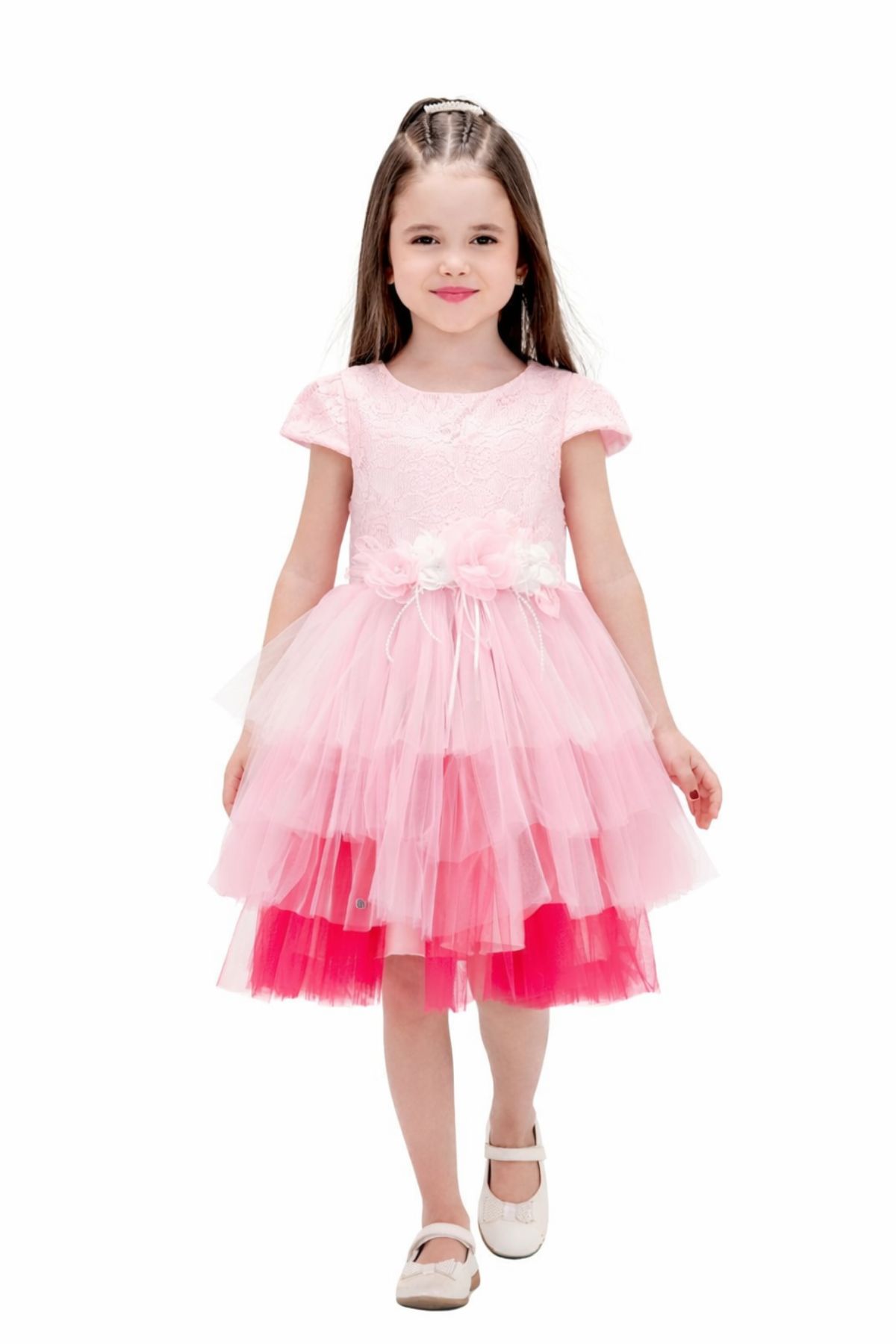 Детска официална рокля с къс ръкав, розов цвят