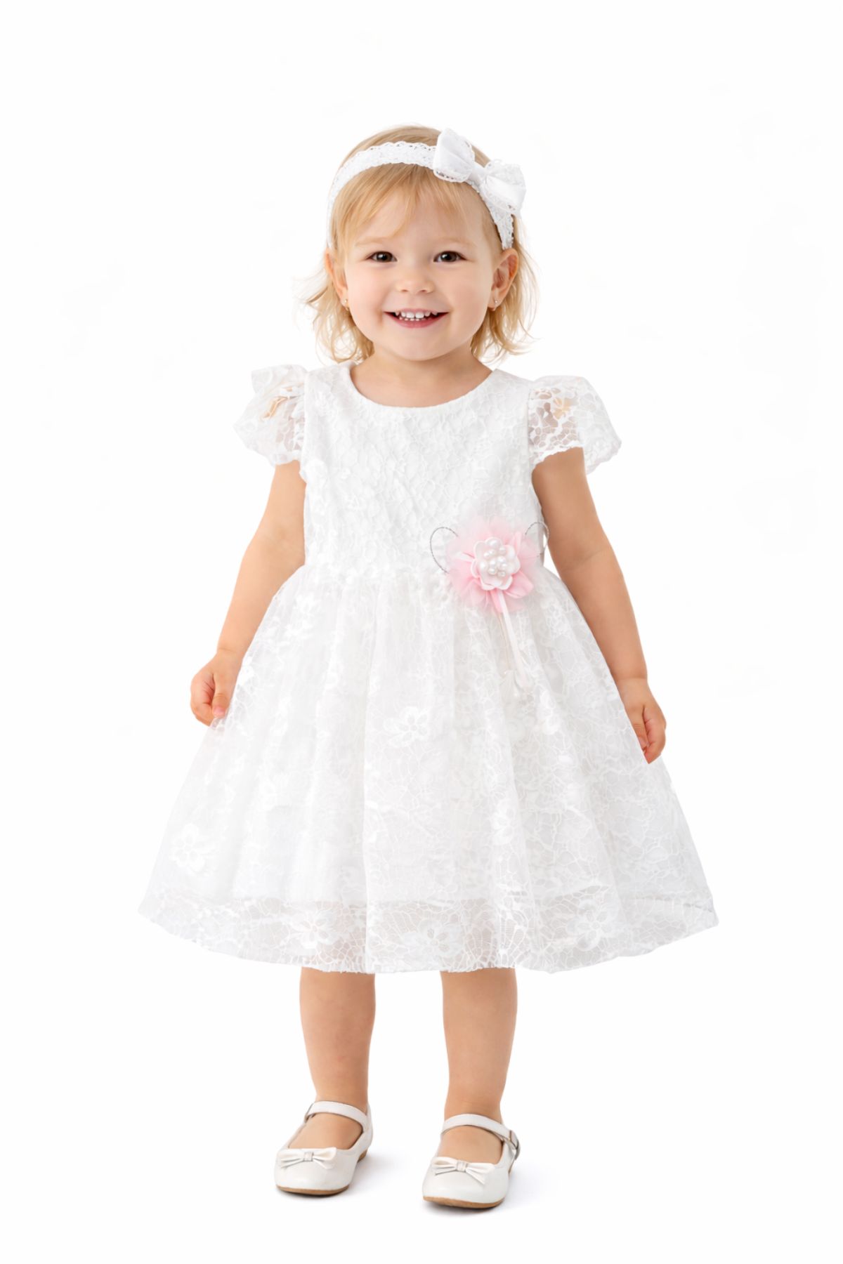 Детска официална рокля с къс ръкав и лента за глава, бял цвят