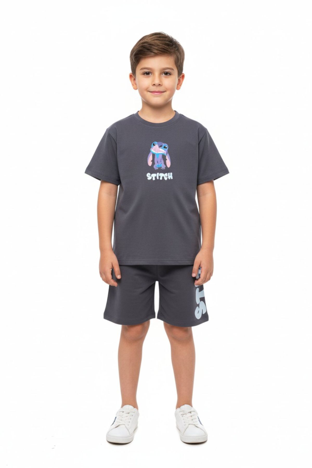Детски комплект за момче с къс ръкав, тъмно сив цвят