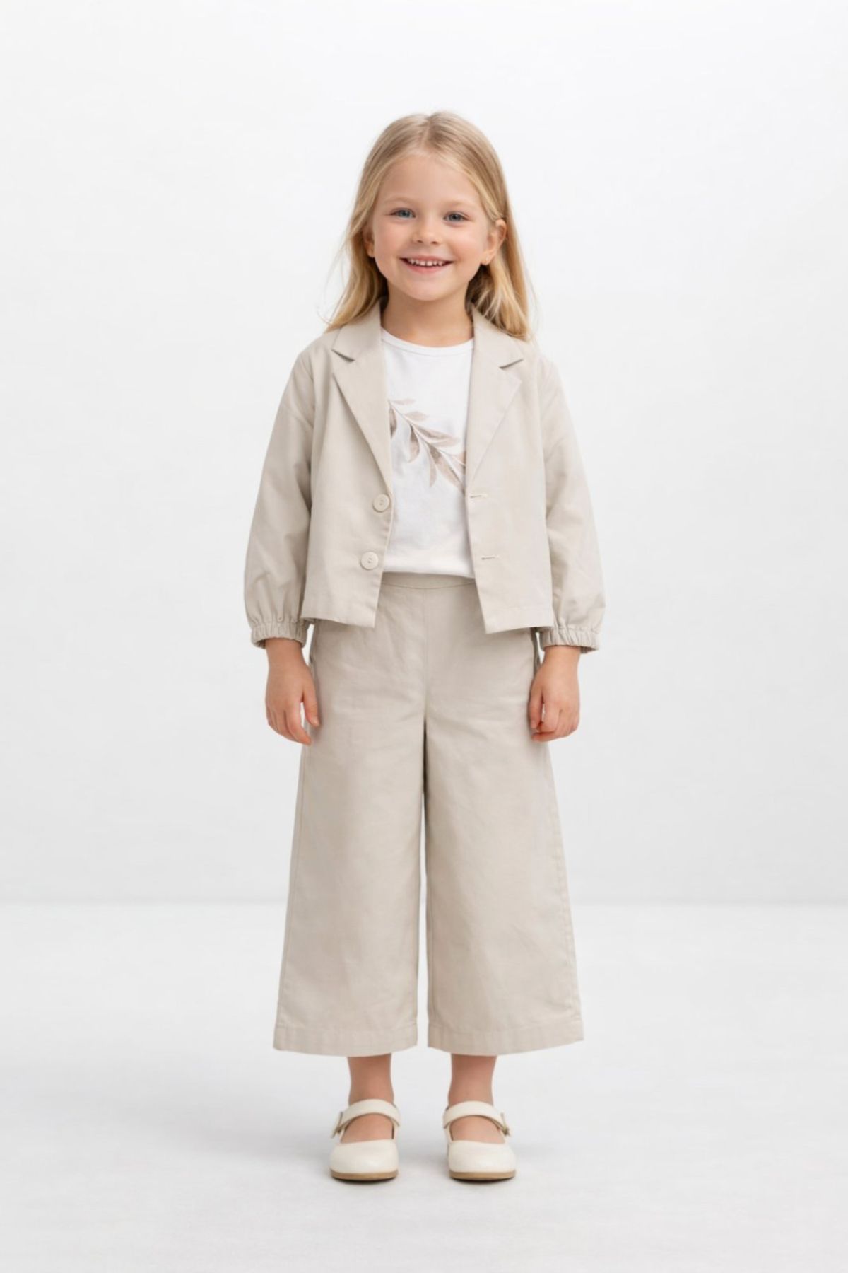 Детски комплект за момиче с дълъг ръкав 3 части, бежов цвят