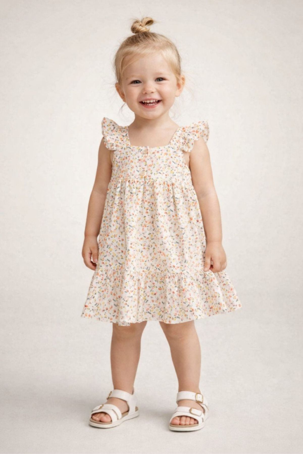 Детска рокля без ръкав на цветя, оранжев цвят