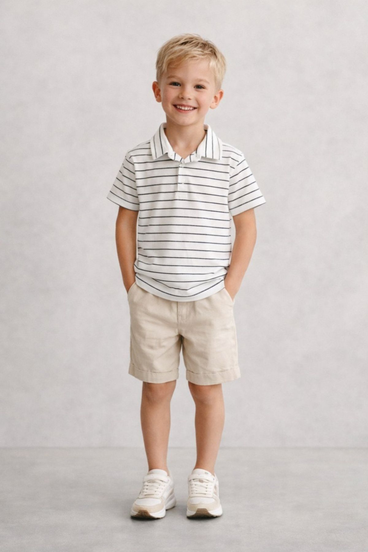 Детска тениска с якичка за момче, цвят екрю 