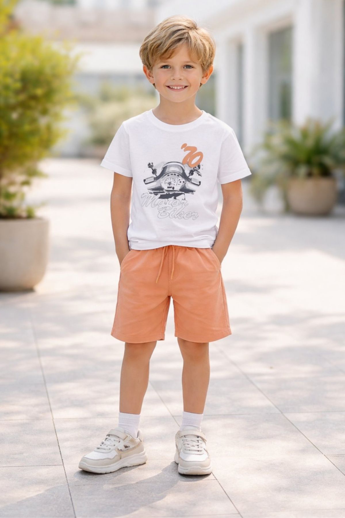 Детски комплект за момче с къс ръкав, оранжев цвят  