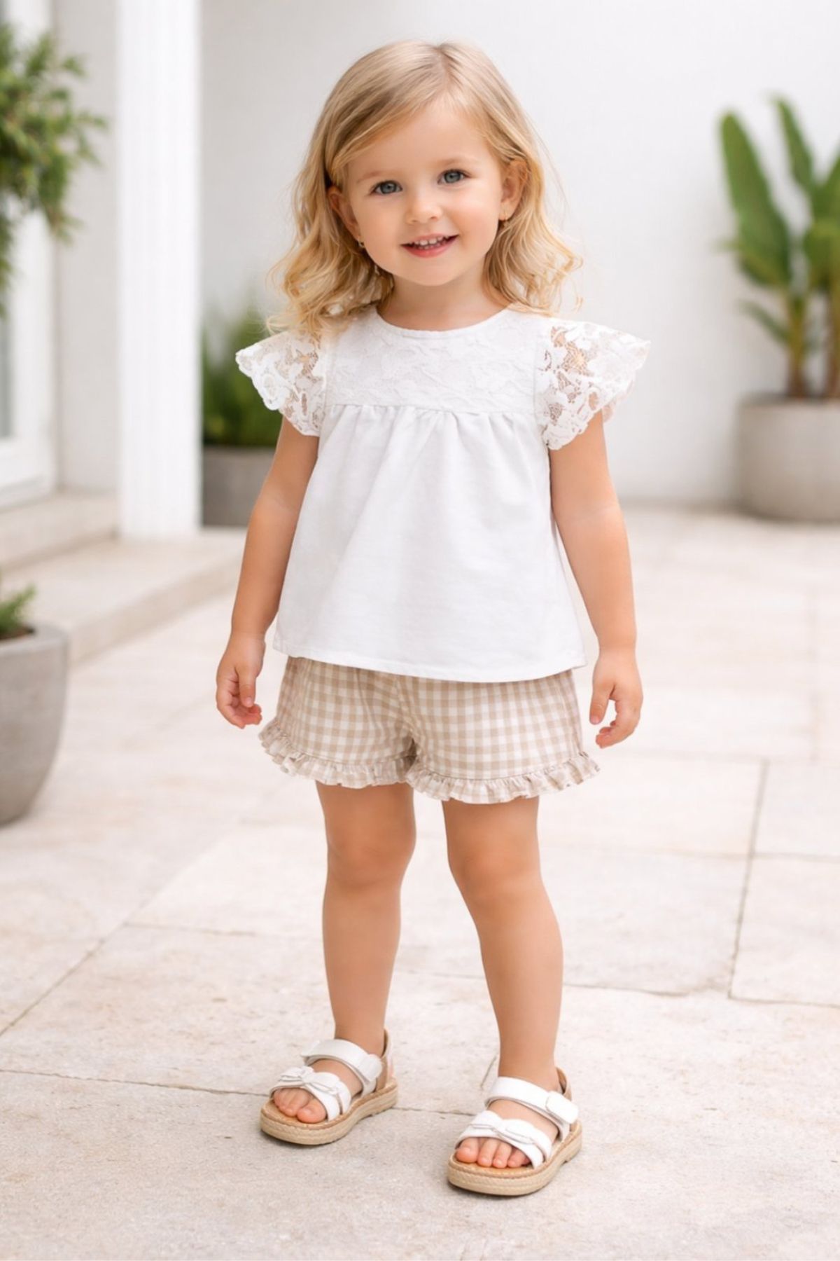 Детска тениска за момиче, цвят екрю