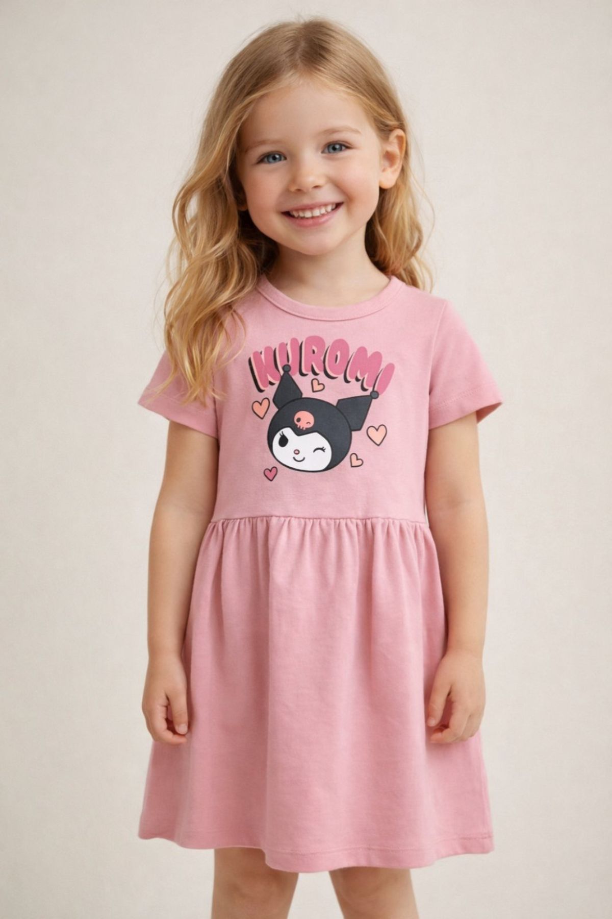 Детска рокля с къс ръкав, тъмно розов цвят