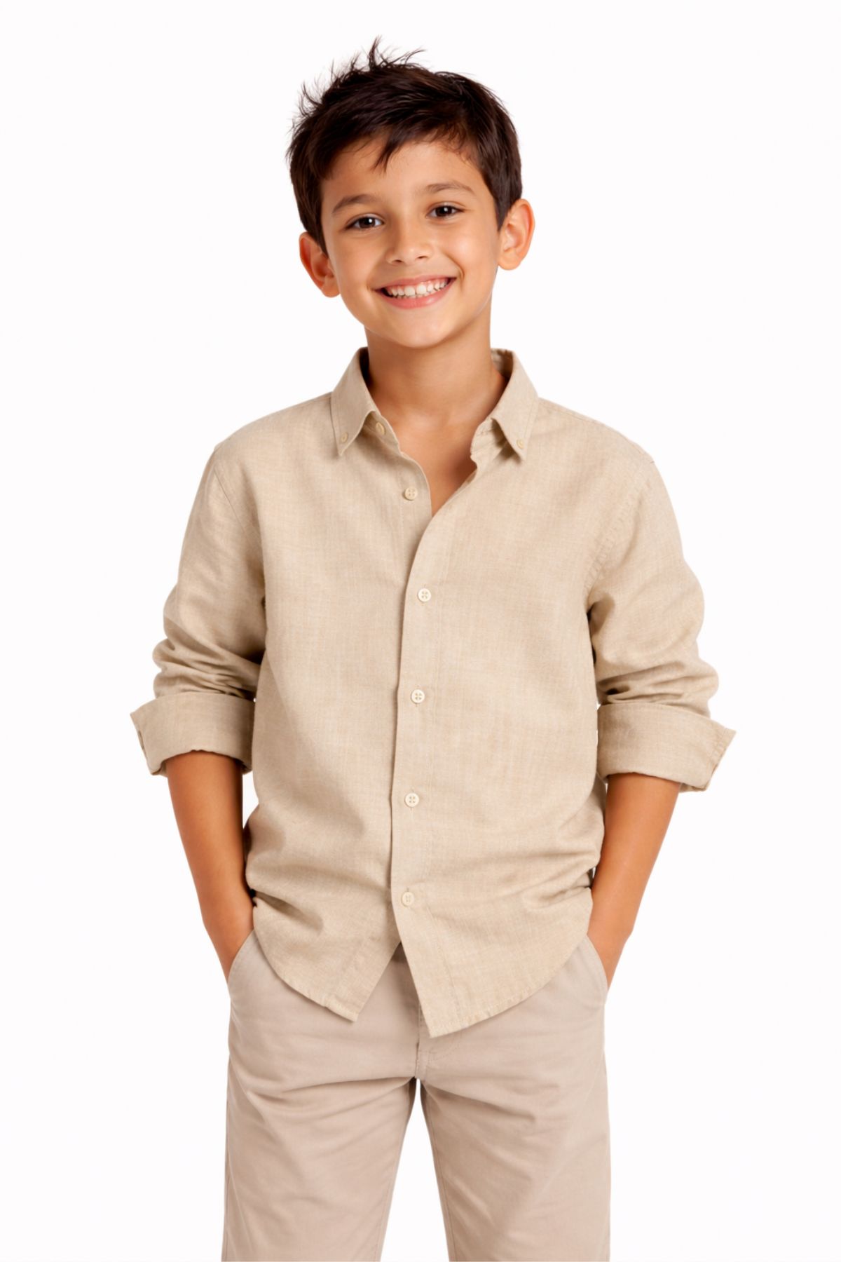 Детска риза за момче с дълъг ръкав, кафяв цвят 