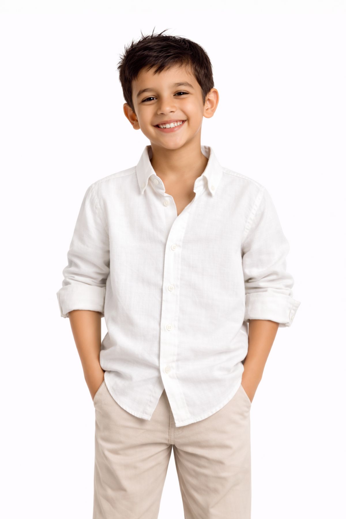 Детска риза за момче с дълъг ръкав, цвят екрю