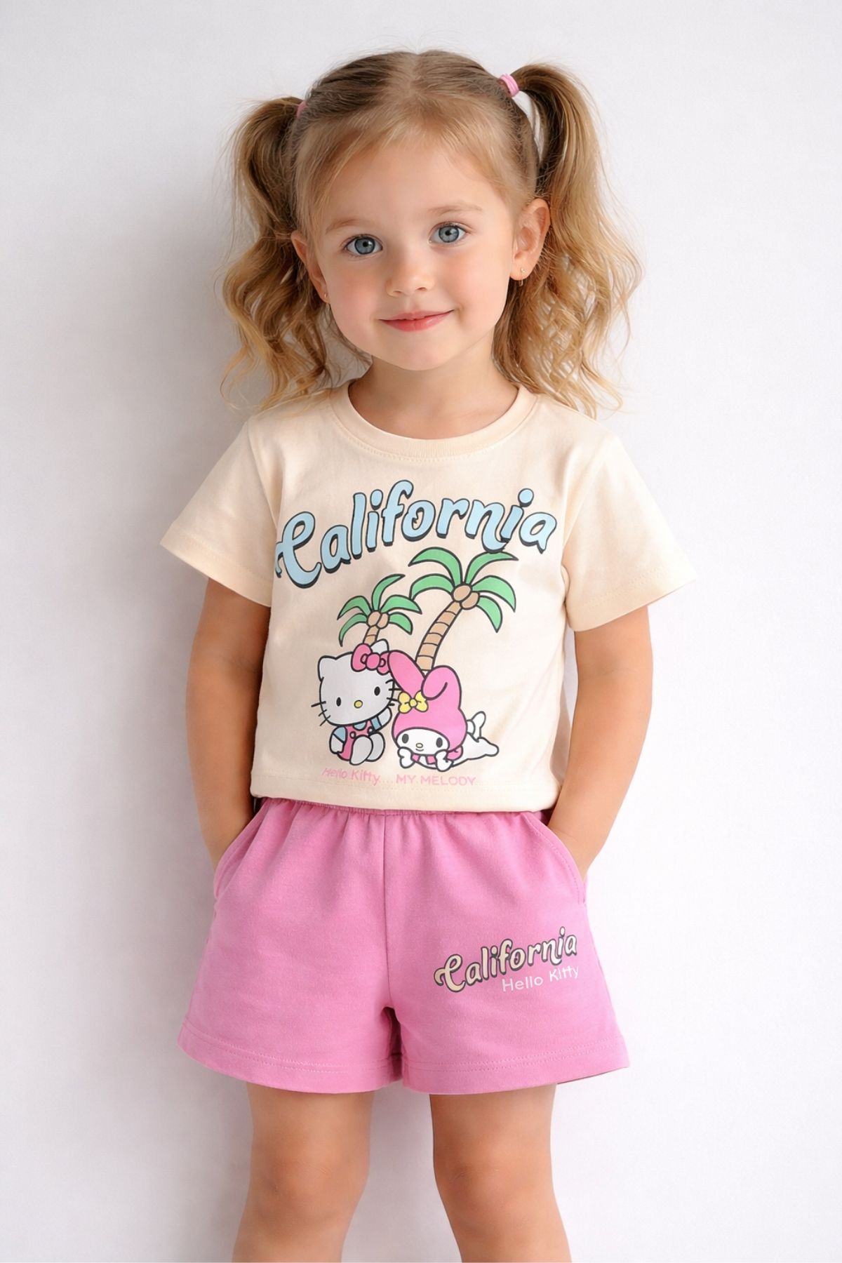 Детски комплект за момиче с къс ръкав, розов цвят