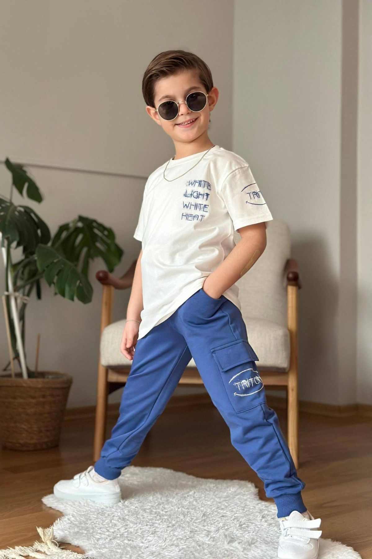 Детски комплект за момче с къс ръкав, син цвят