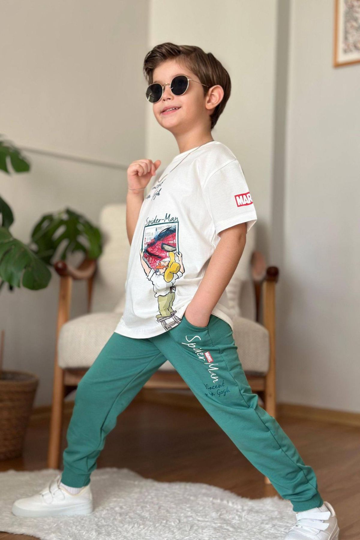 Детски компплект за момче с къс ръкав, зелен цвят