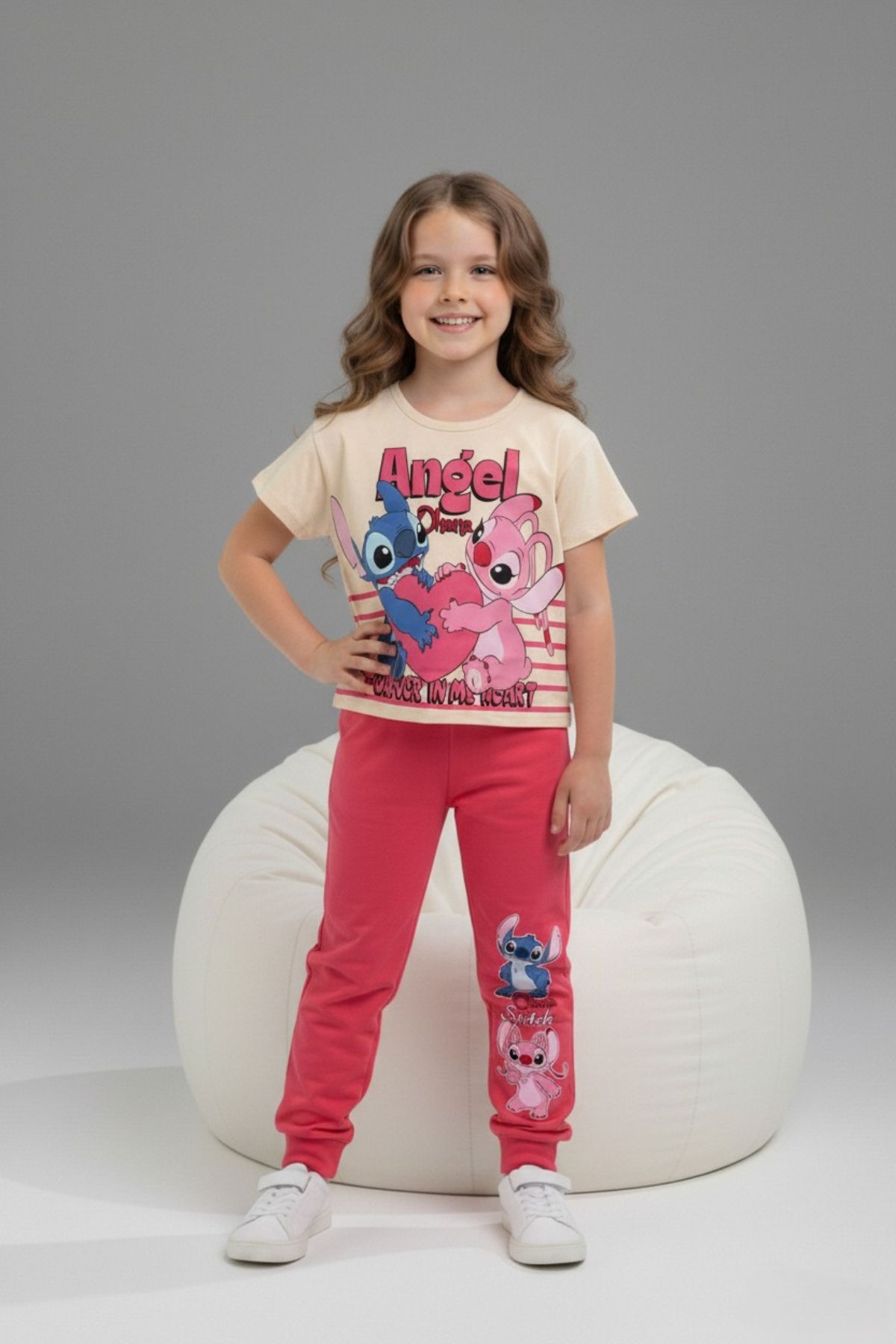 Детски комплект за момиче с къс ръкав, цикламен цвят