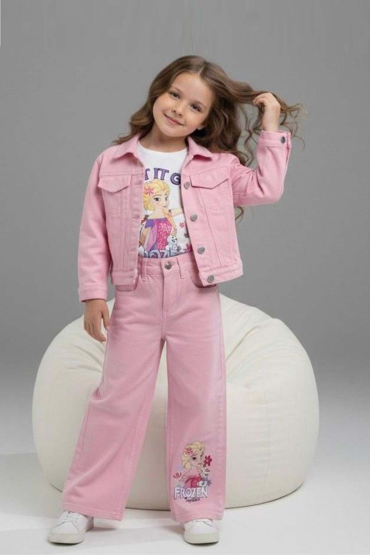 Детски комплект за момиче с дълъг ръкав 3 части, светло розов цвят