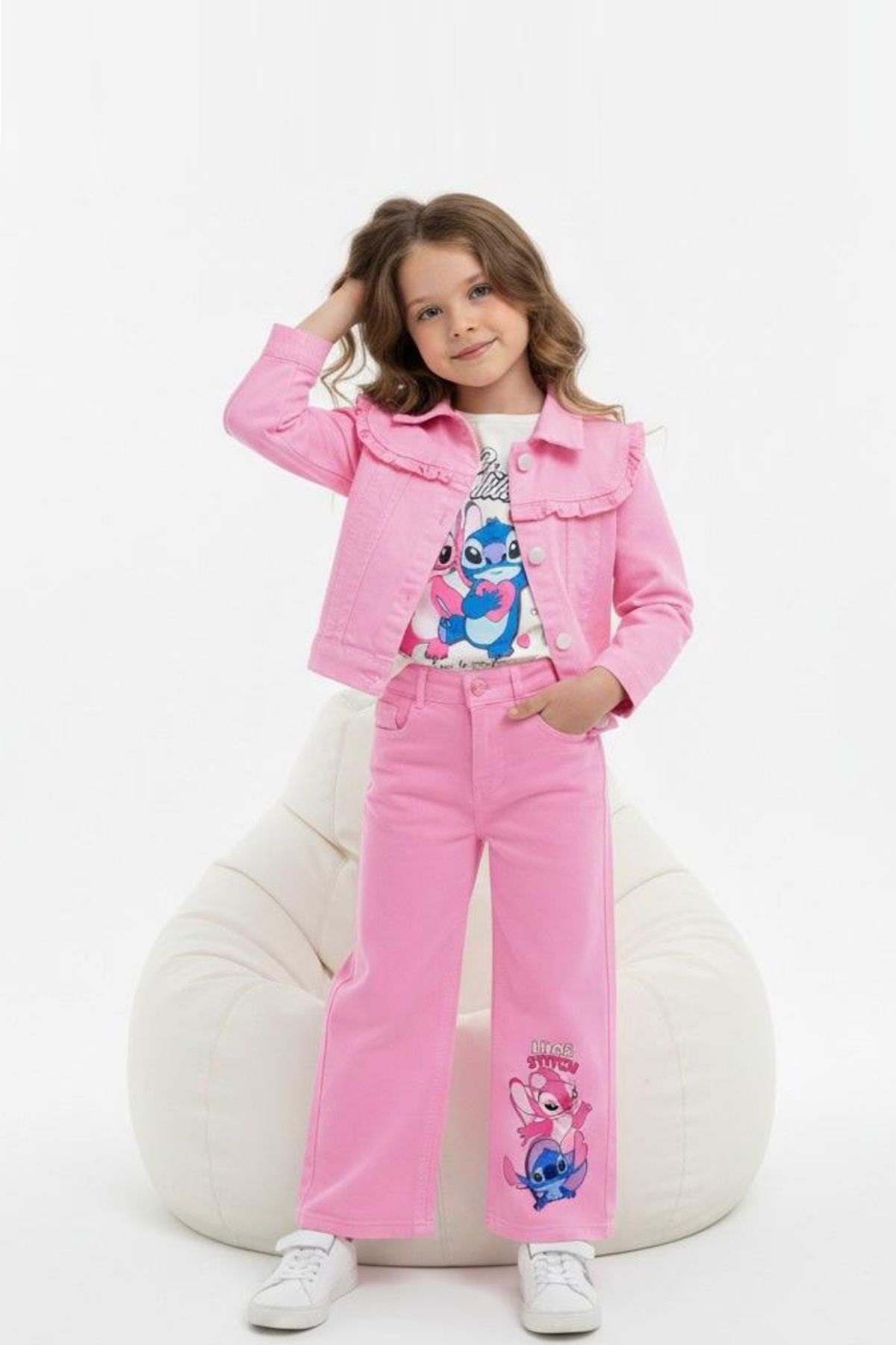 Детски комплект за момиче с дълъг ръкав 3 части, розов цвят