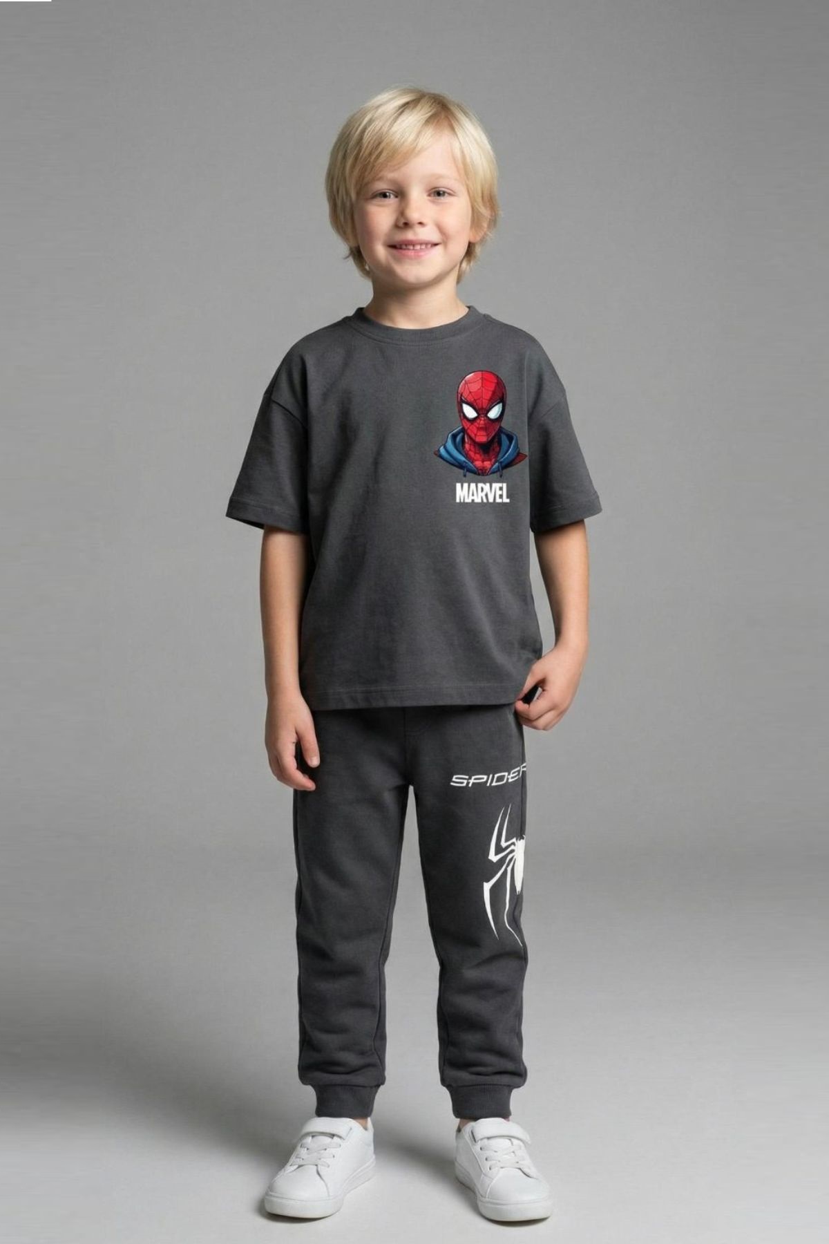 Детски комплект за момче с къс ръкав, тъмно сив цвят