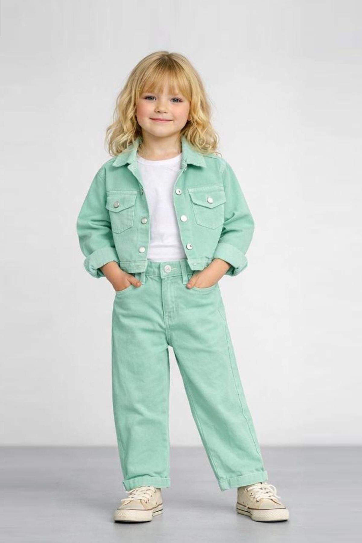 Детски комплект за момиче с дълъг ръкав 4 части, зелен цвят