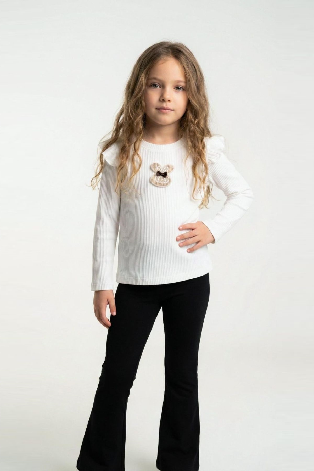 Детска блуза рипс за момиче с дълъг ръкав, бял цвят