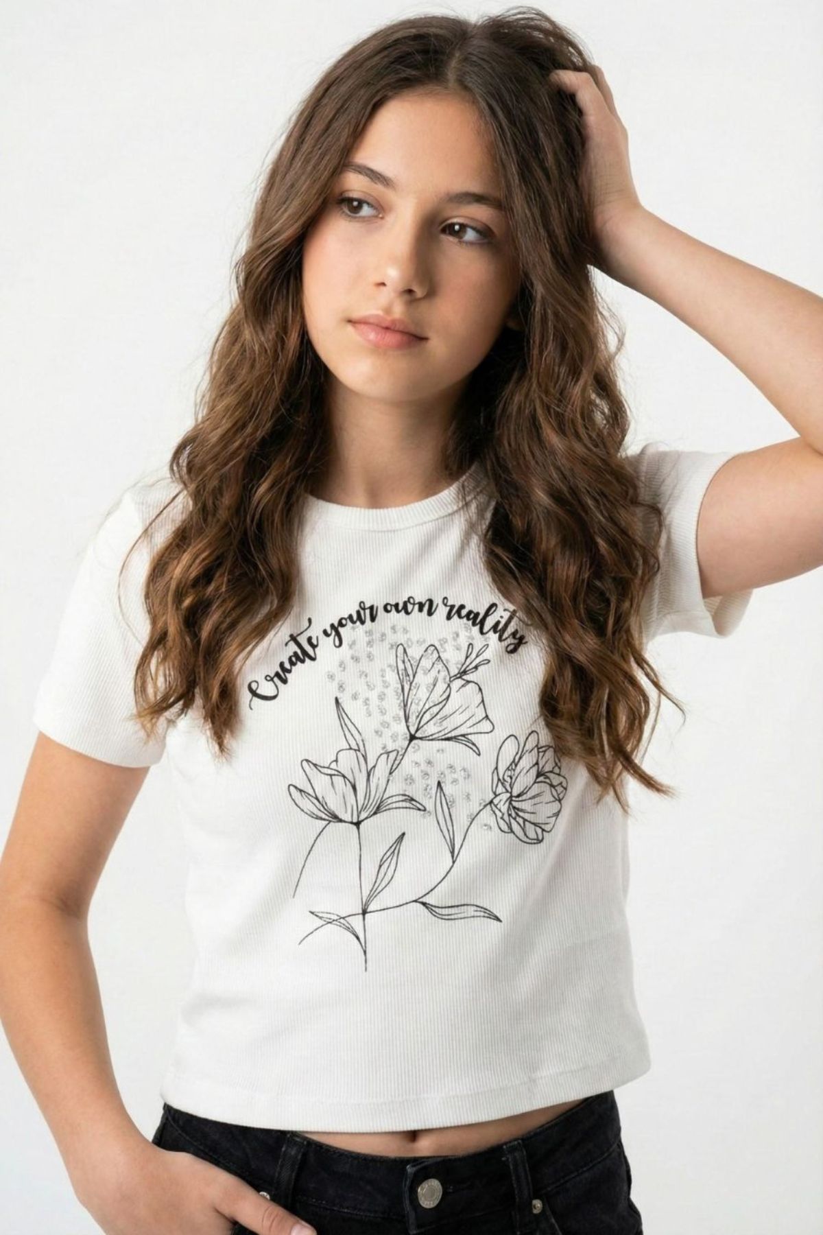 Детска тениска за момиче, цвят екрю