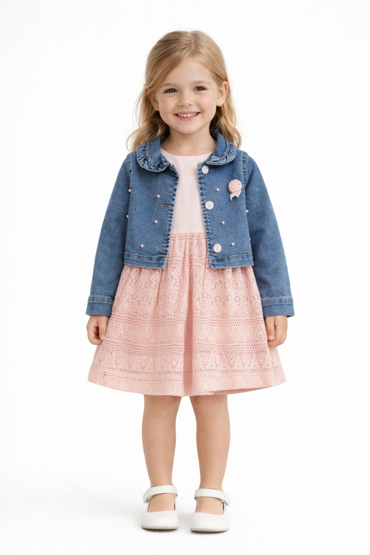 Детска рокля с къс ръкав и дънково яке, розов цвят