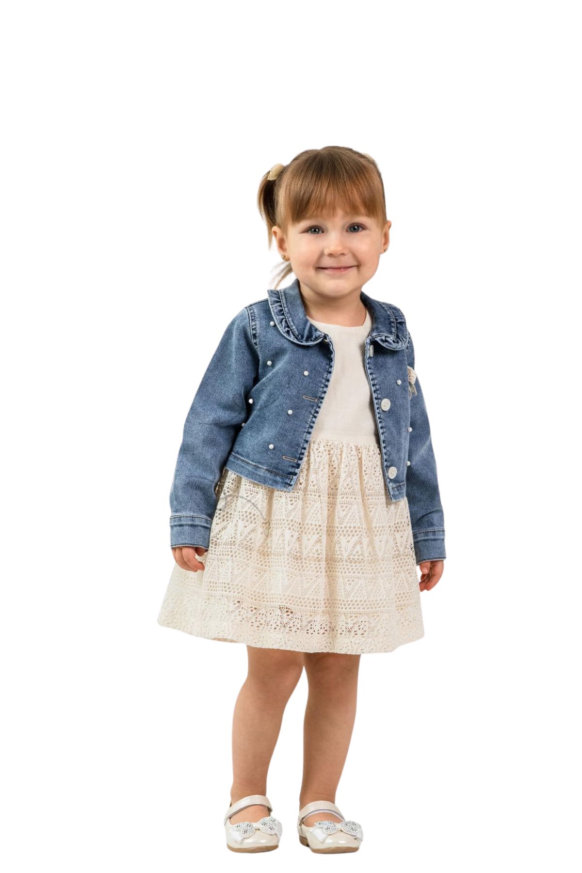 Детска рокля с къс ръкав и дънково яке, цвят екрю