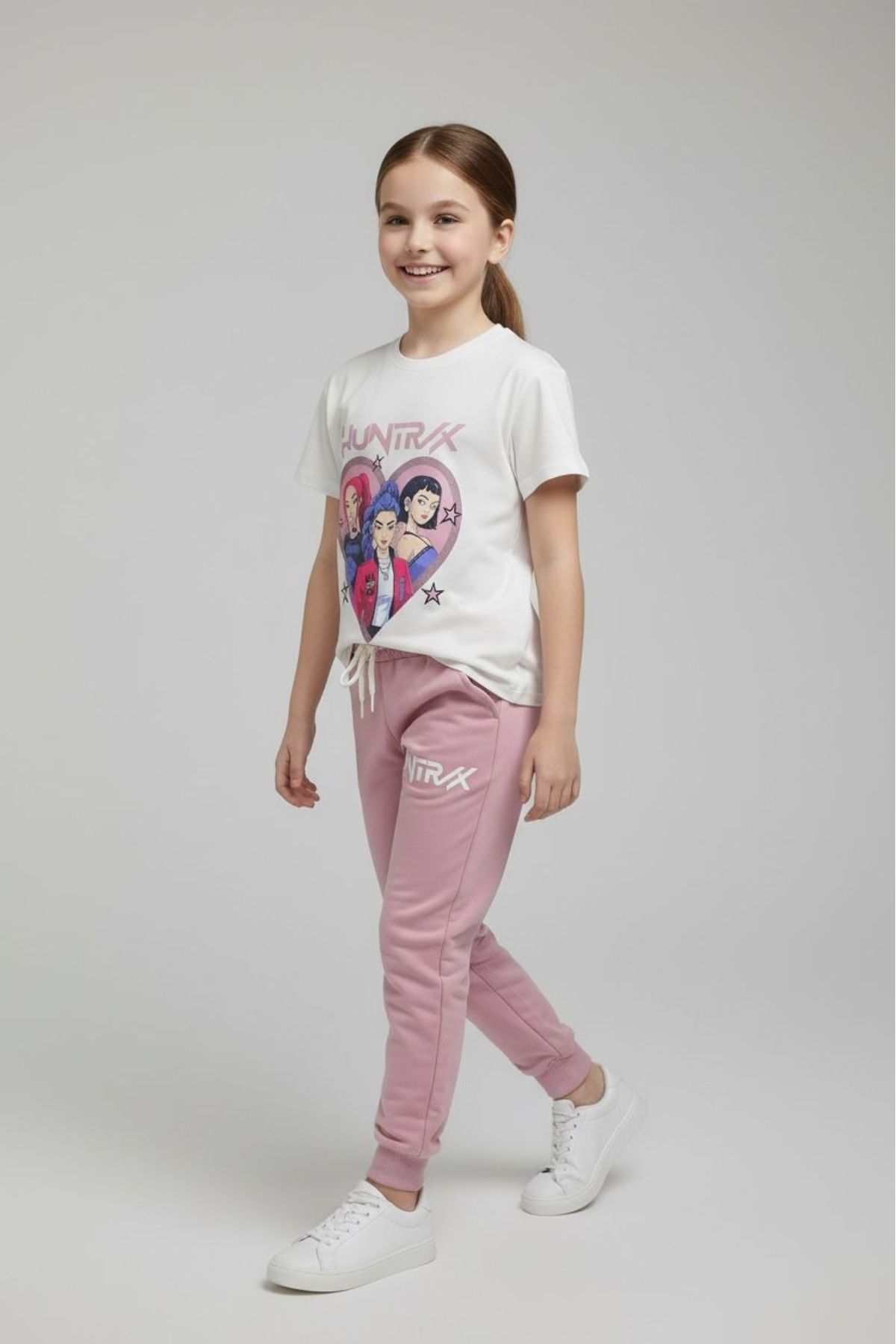 Детски комплект за момиче с къс ръкав, тъмно розов цвят