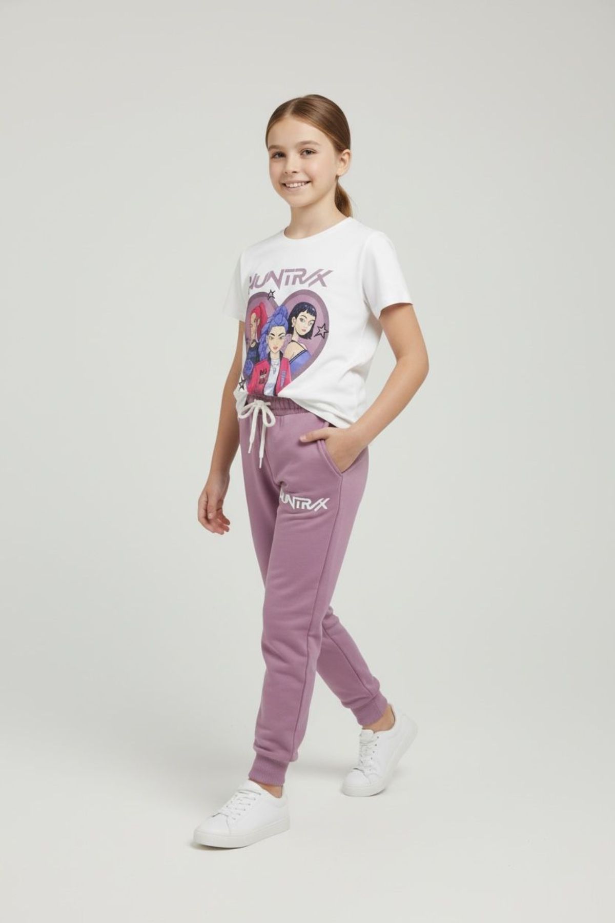 Детски комплект за момиче с къс ръкав, тъмно лилав цвят