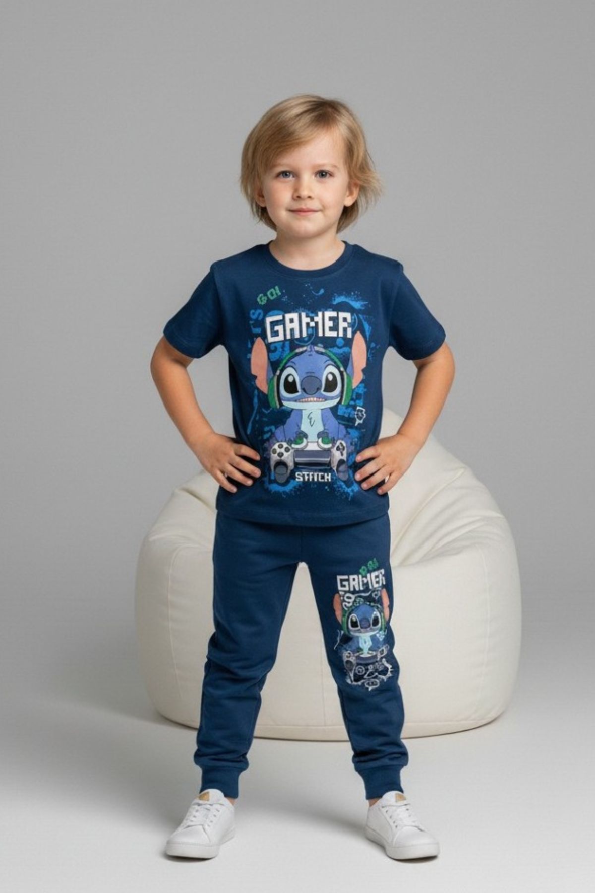 Детски комплект за момче с къс ръкав, тъмно син цвят