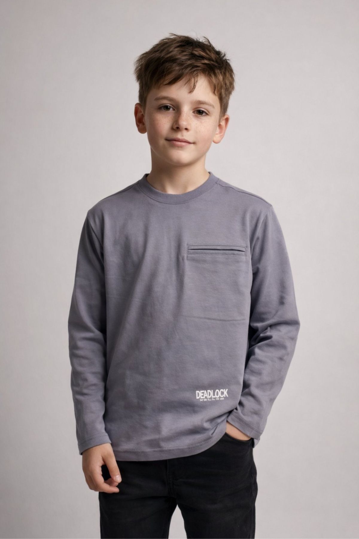 Детска блуза за момче с дълъг ръкав, тъмно сив цвят